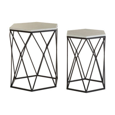 Arcana Marble and Black Metal Set Of Two Hexagonal Side Tables Orsina