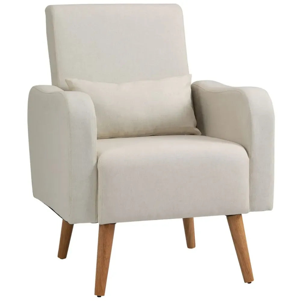 Nordic Armchair Linen-Touch Sofa Chair with Cushioned Pillow & Wood Legs Cream Unbranded
