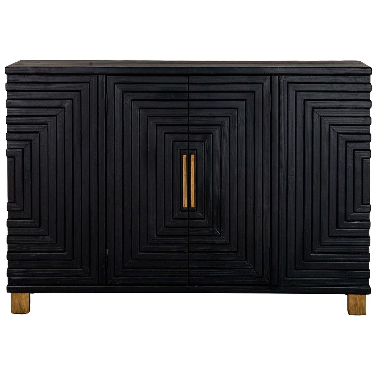 Modern wooden sideboard in black with geometric design and gold handles for stylish storage