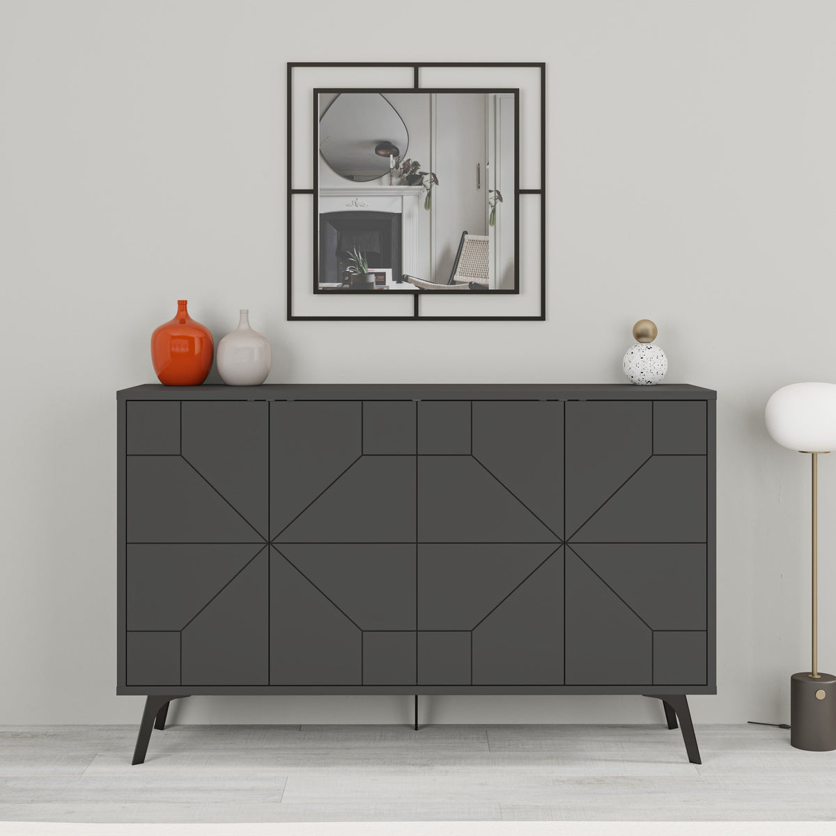 Decortie modern sideboard in dark grey with geometric design and stylish decor elements
