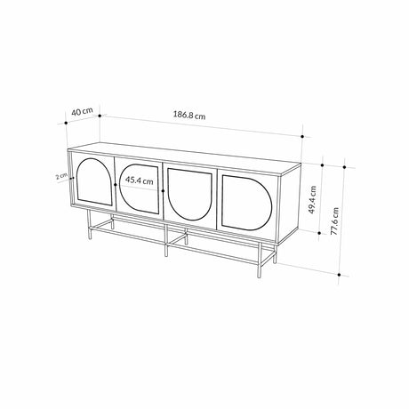 Decortie Console Unit with modern design, dimensions 186.8 cm wide and 77.6 cm tall, featuring unique door shapes