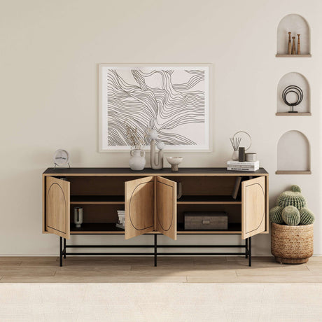 Decortie Console Unit with Wooden Doors and Open Shelves, Ideal for Living Room Storage