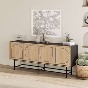 Decortie Console Unit with a modern design featuring wooden doors and a sleek metal frame