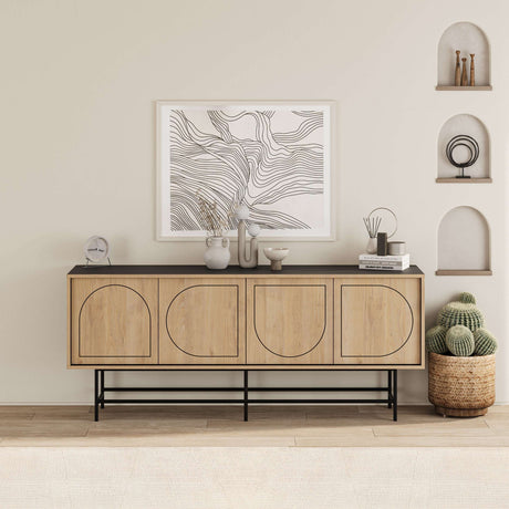 Decortie Console Unit in natural wood with minimalistic design and decorative art on the wall
