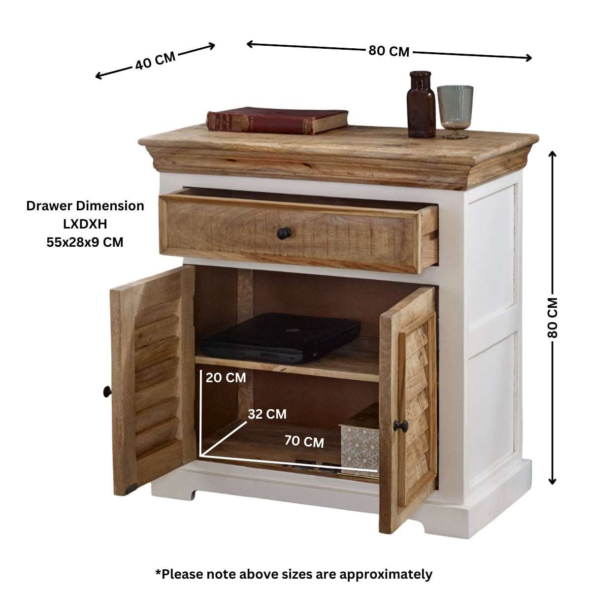 Verty Furniture Sideboard with Rustic Wood Top and Storage Drawer for Living Room Organisation