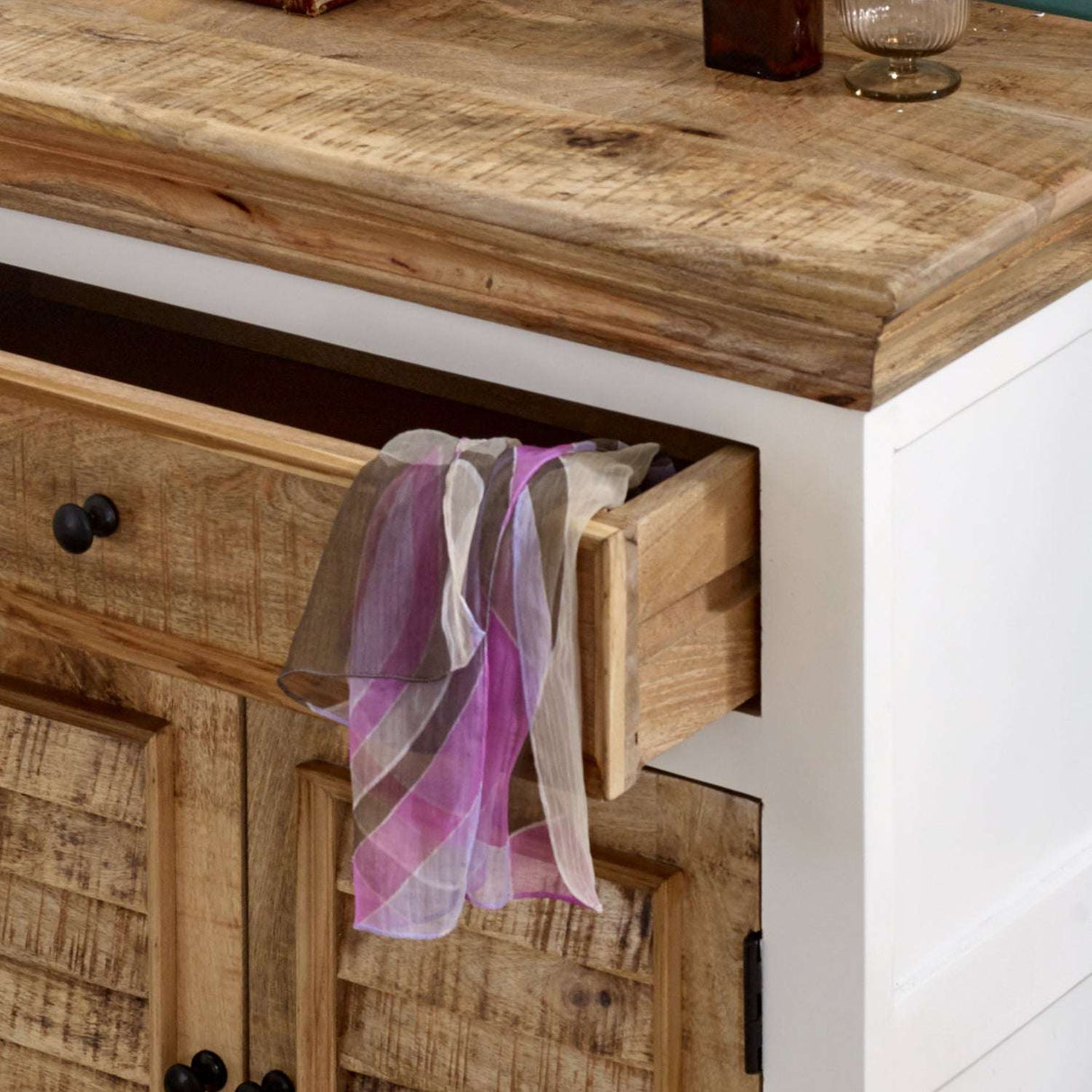 Verty Furniture Sideboard with Rustic Wooden Top and Open Drawer Displaying Sheer Scarves