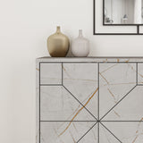 Stylish Decortie sideboard with geometric design and decorative vases on top