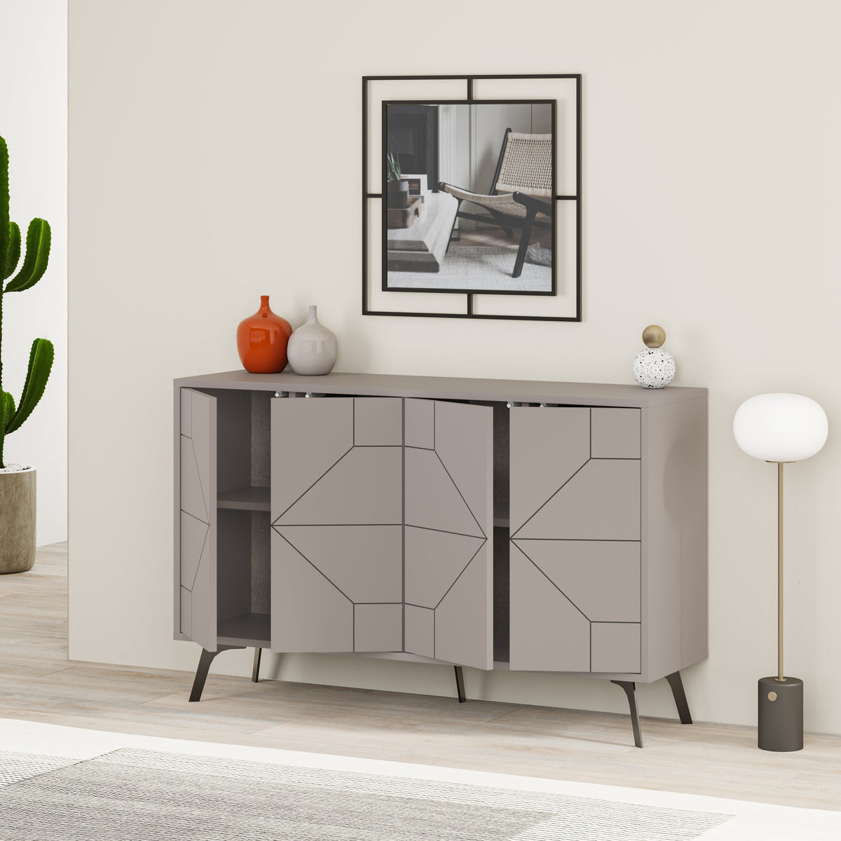 Modern Decortie sideboard in light grey with geometric design and sleek legs for stylish storage