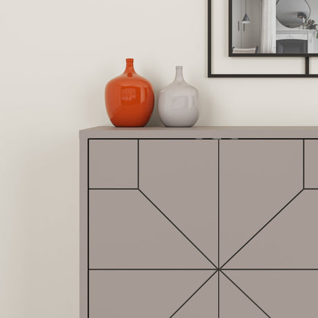 Decortie modern sideboard featuring geometric design and decorative vases on top