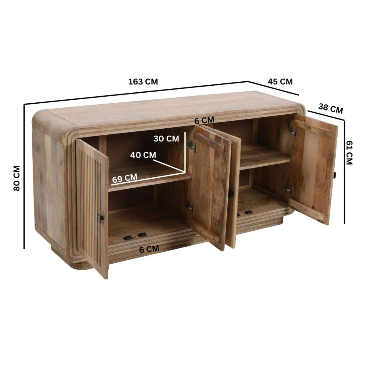 Verty Furniture wooden sideboard with ample storage space and stylish design, measuring 163 cm by 45 cm