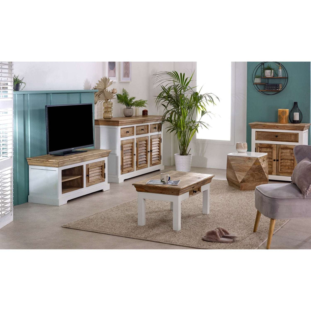Verty Furniture Sideboard in a stylish living room with a rustic design and natural wood accents