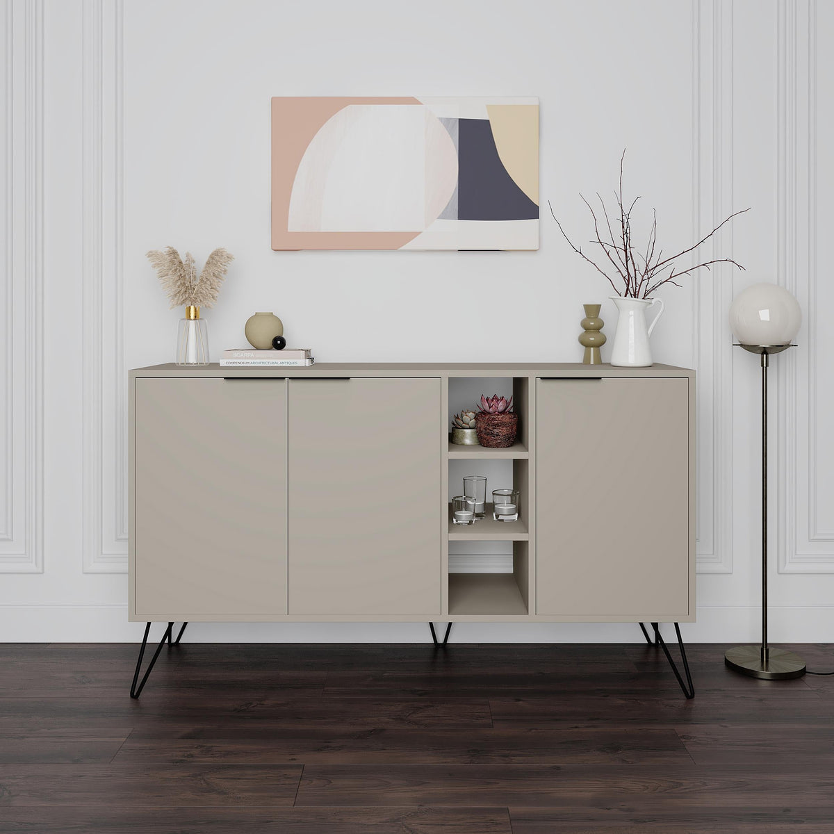Modern Decortie sideboard in soft beige with sleek lines and stylish storage compartments