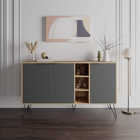 Stylish Decortie sideboard with grey doors and open shelving in a modern living space