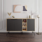 Decortie modern sideboard in grey and wood with open shelving for stylish storage