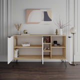 Decortie sideboard with white doors and oak shelves, featuring decorative items and modern design
