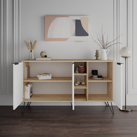 Decortie sideboard with white doors and oak shelves, featuring decorative items and modern design