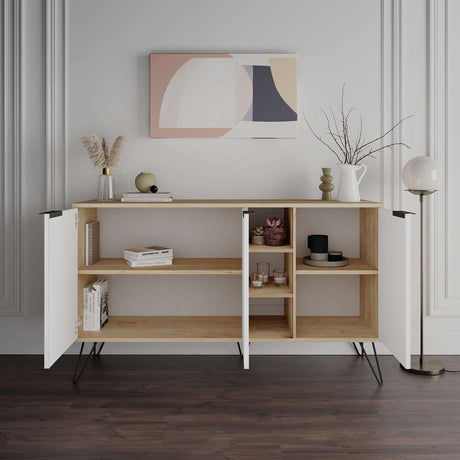 Decortie sideboard with white doors and oak shelves, featuring decorative items and modern design