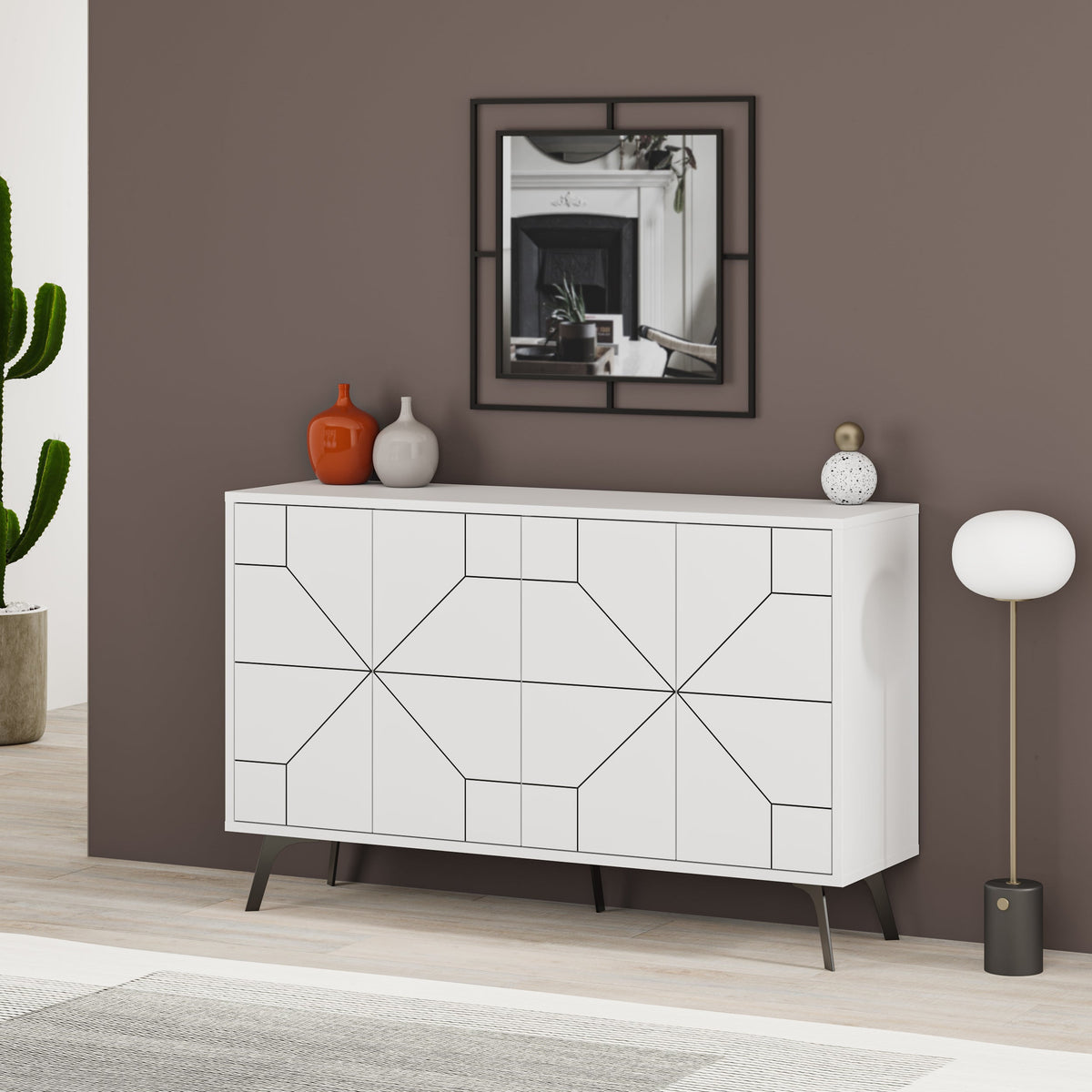 Decortie modern sideboard in white with geometric design and four drawers for stylish storage