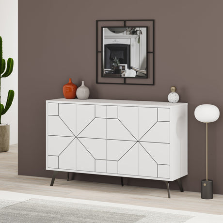 Decortie modern sideboard in white with geometric design and four drawers for stylish storage