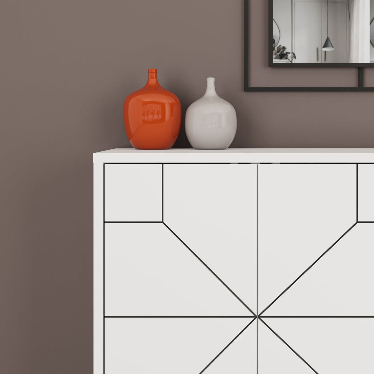 Modern white Decortie sideboard with geometric design and decorative vases on top