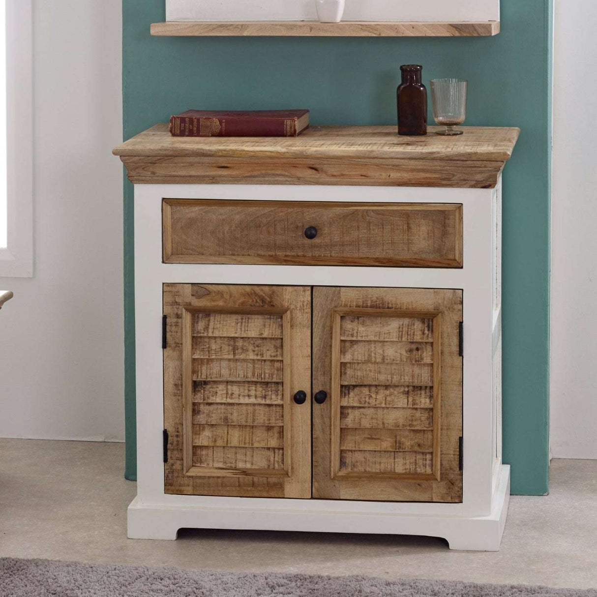 Verty Furniture Sideboard with White Frame and Rustic Wood Top, Featuring Louvered Doors and Drawer