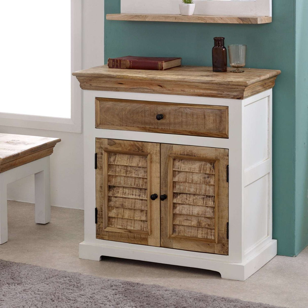 Verty Furniture Sideboard with a White Finish and Rustic Wooden Top and Doors