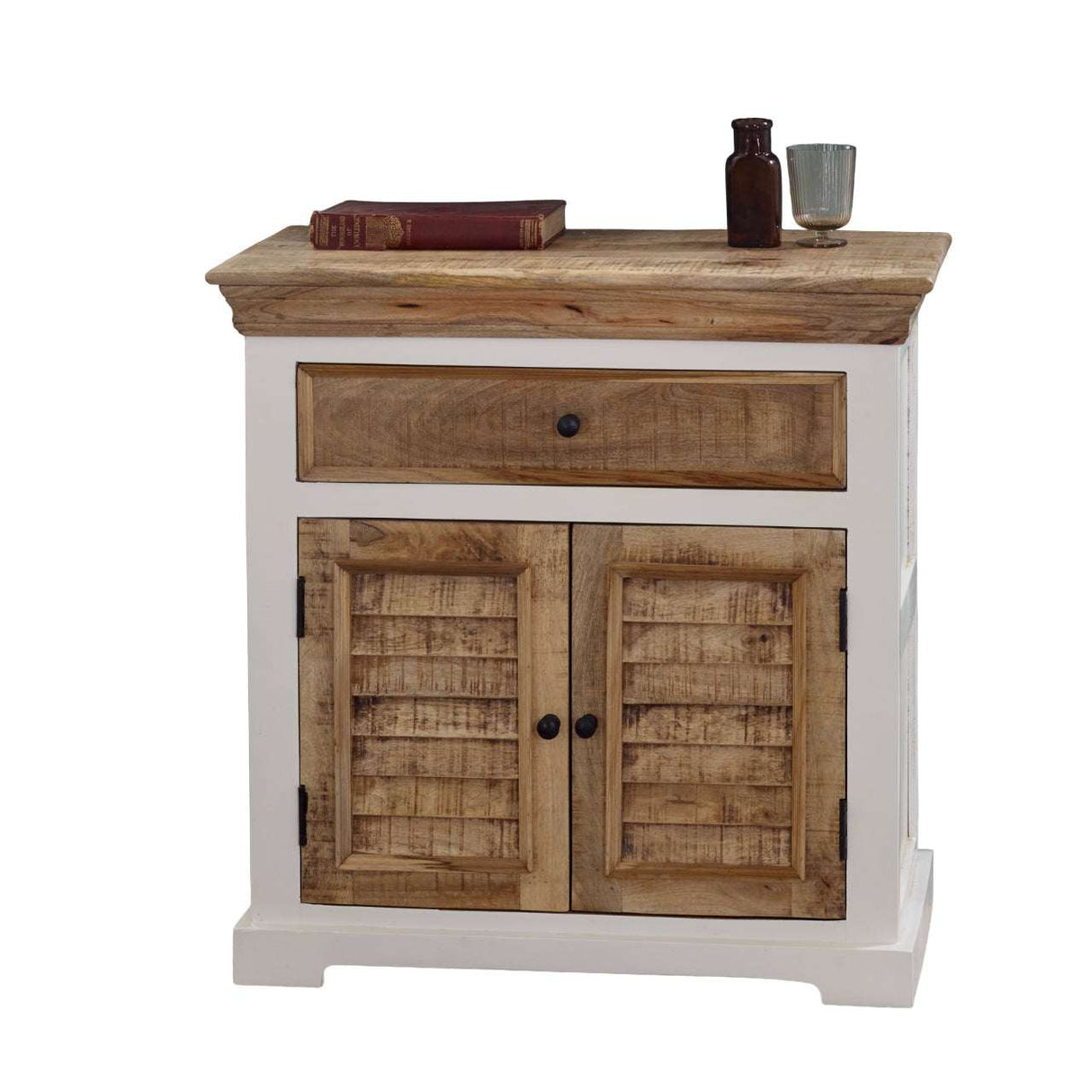 Verty Furniture Sideboard with a wooden top and louvered cabinet doors for rustic decor