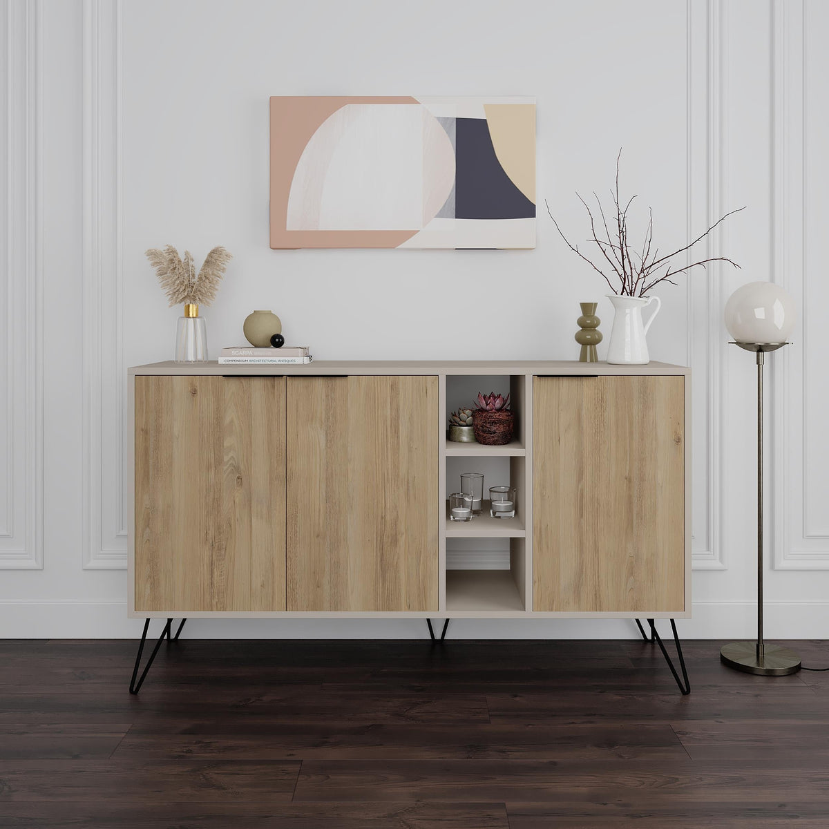 Decortie modern sideboard in light wood with sleek legs and storage compartments