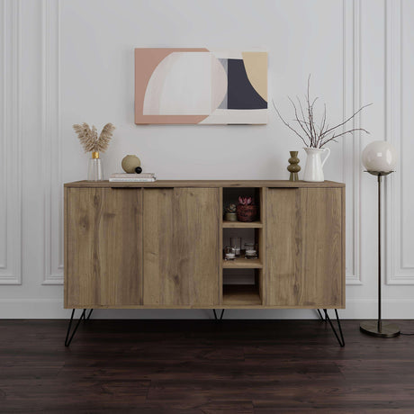 Decortie Sideboard in natural wood finish with four compartments and stylish standing legs