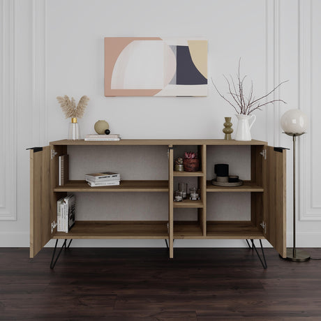 Decortie Sideboard in natural wood finish featuring open and closed shelving for stylish storage