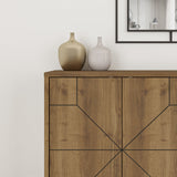 Decortie sideboard in wood finish with minimalist design and decorative vases on top