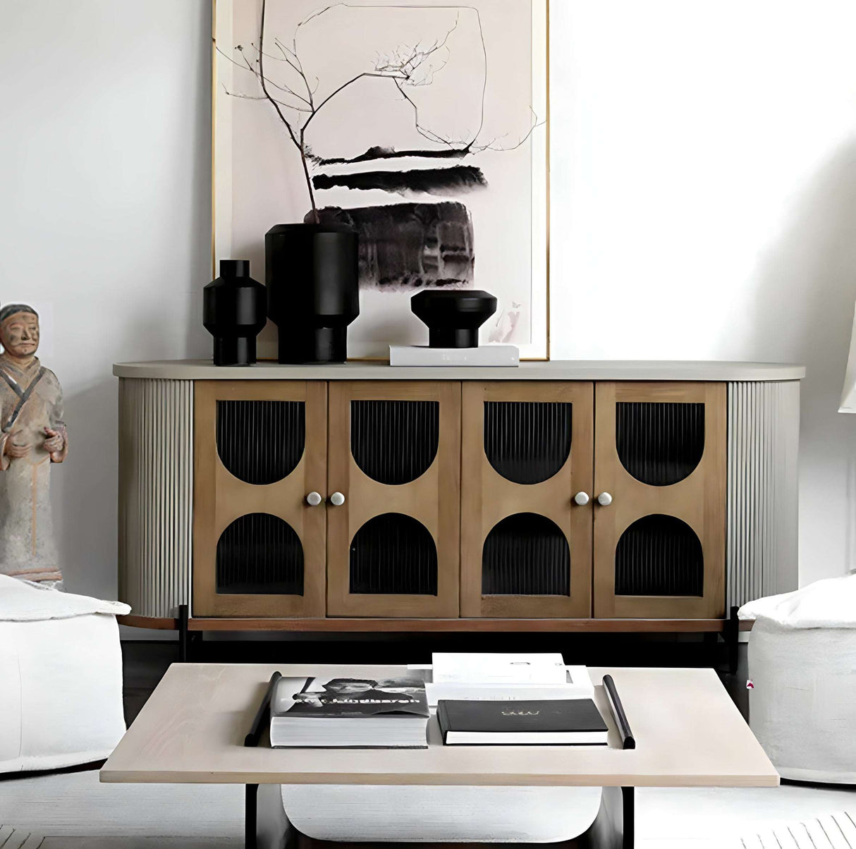 Nisu Home Cabinet with Elegant Design and Black Ribbed Doors for Stylish Living Spaces