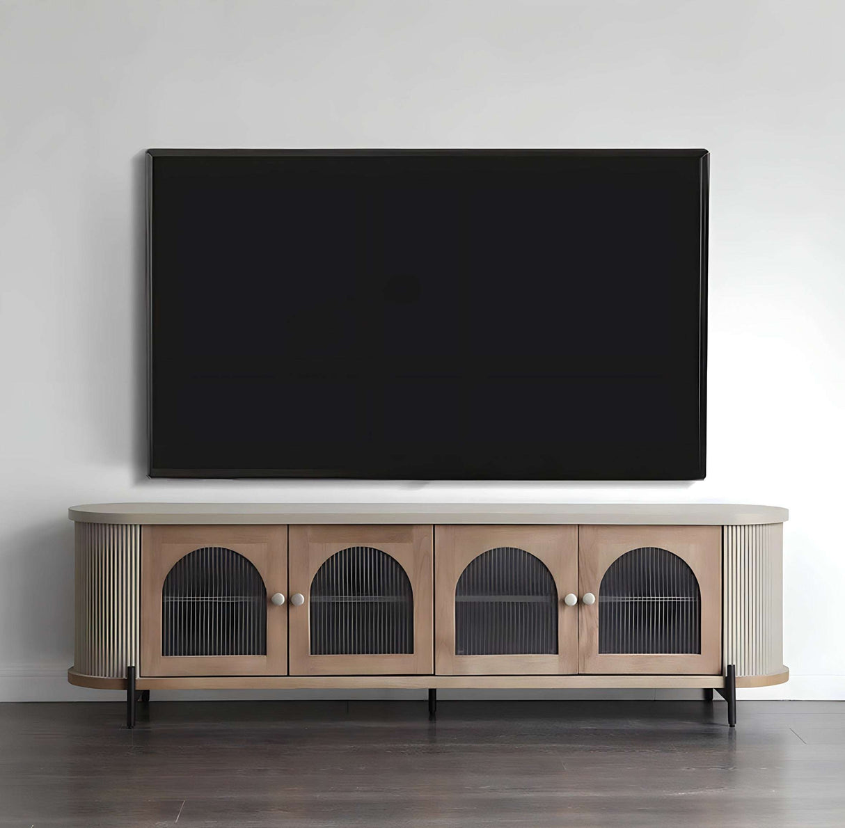 Nisu Home Stylish Cabinet with Three Arched Doors and Metal Legs for Modern Interiors