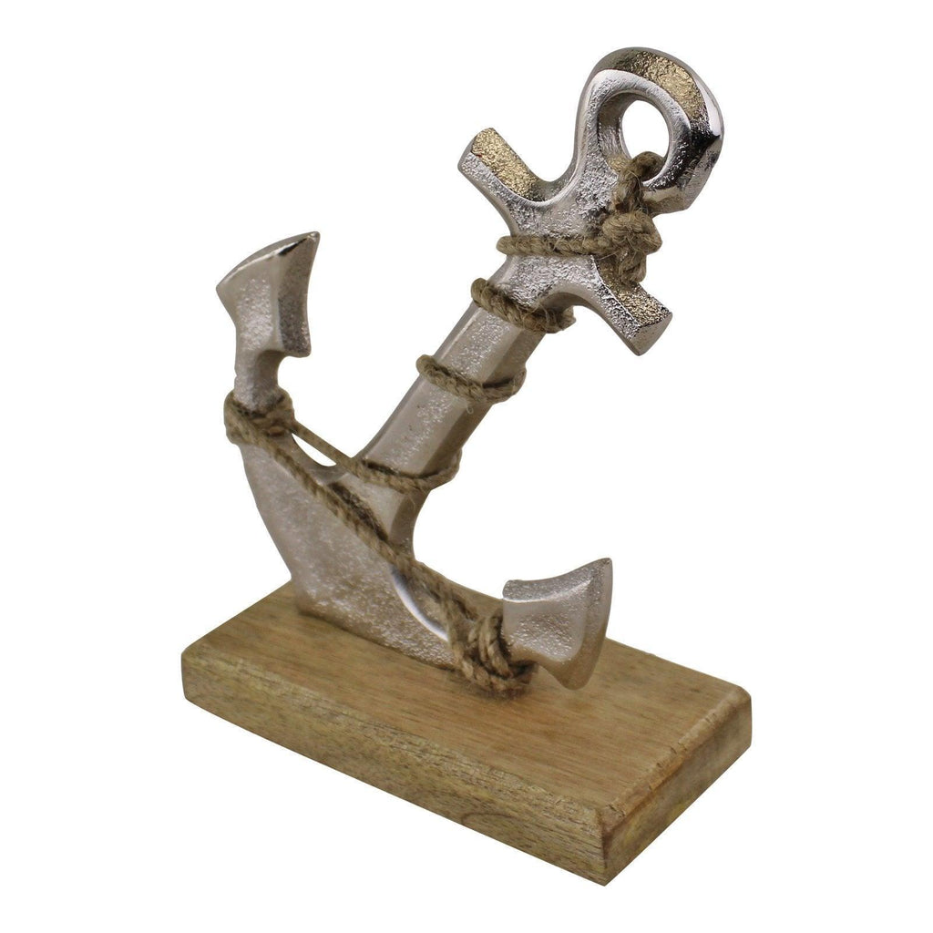 Silver Metal Anchor Ornament On Wooden Base Geko Products