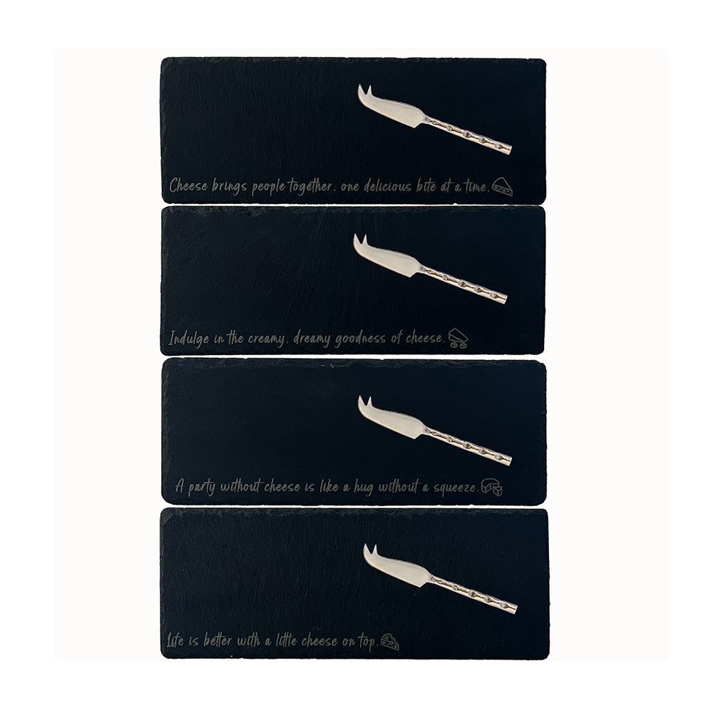 Slate Cheese Board set with engraved phrases and cheese knives for elegant serving