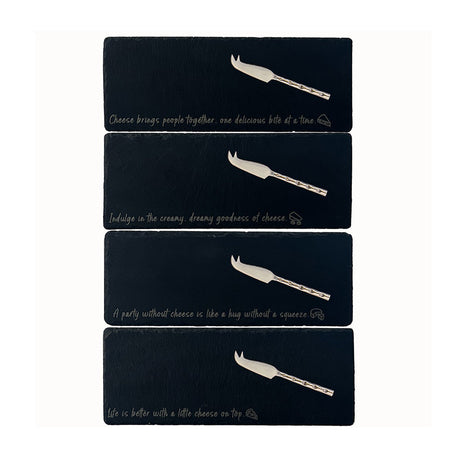 Slate Cheese Board set with engraved phrases and cheese knives for elegant serving