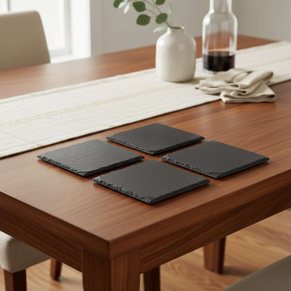 Slate Gift Set featuring four textured coasters on a wooden dining table