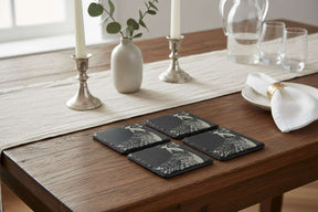 Slate Gift Set featuring four stylish coasters with a decorative chicken design for home decor