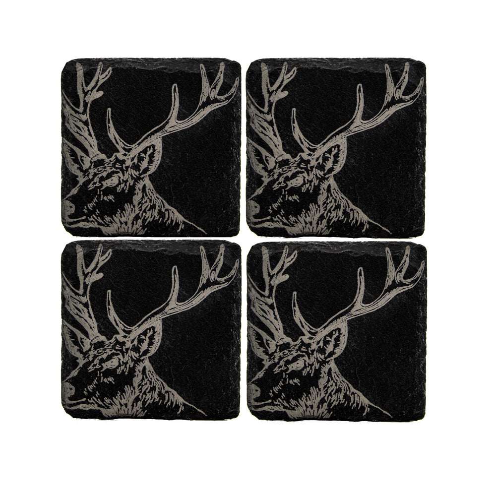 Slate Gift Set featuring four coasters with elegant deer head design for home decor