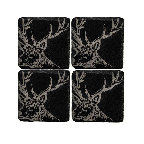 Slate Gift Set featuring four coasters with elegant deer head design for home decor