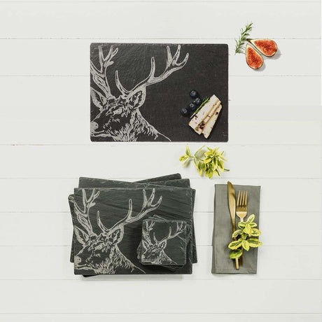 Selbrae House Slate Gift Set featuring engraved stag design serving platters and coasters