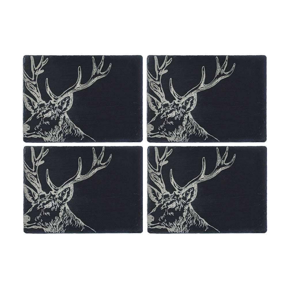 Selbrae House Slate Gift Set featuring four coasters with elegant stag design