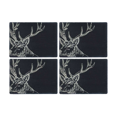Selbrae House Slate Gift Set featuring four coasters with elegant stag design