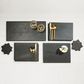 Selbrae House Slate Gift Set featuring black slate serving platters, utensils, and coasters for elegant dining
