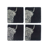 Set of four Selbrae House Slate Placemats featuring Highland Cow designs for stylish dining
