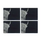 Selbrae House Slate Placemat Set featuring four coasters with highland cow design