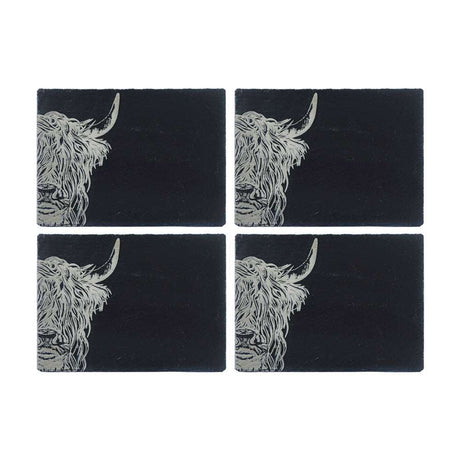 Selbrae House Slate Placemat Set featuring four coasters with highland cow design
