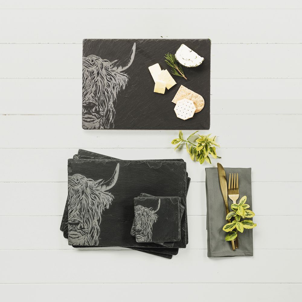 Slate Placemat set with Highland Cow design, perfect for dining and entertaining with style