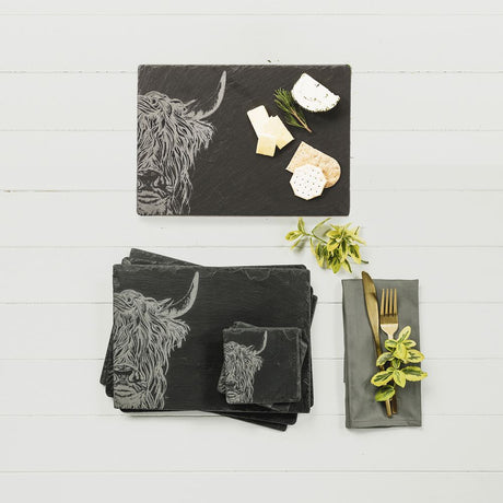 Slate Placemat set with Highland Cow design, perfect for dining and entertaining with style