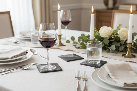 Elegant dining table set with Slate Placemat and wine glasses, featuring candles and floral centrepiece